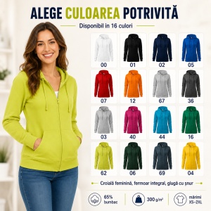 Hanorac Damă cu Fermoar și Glugă Malfini 411 Trendy Zipper – 300 g/m² - Img 10