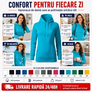 Hanorac Damă cu Glugă și Buzunar Marsupiu Malfini F14 Cape Free – 320 g/m² - Img 5