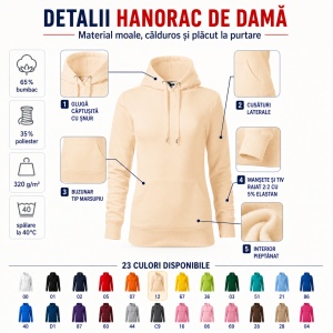 Hanorac Damă cu Glugă și Buzunar Tip Marsupiu Malfini 414 Cape – 320 g/m² - Img 3