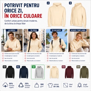 Hanorac unisex cu glugă pentru damă și bărbat, bumbac organic, 280 g/m² - Img 6