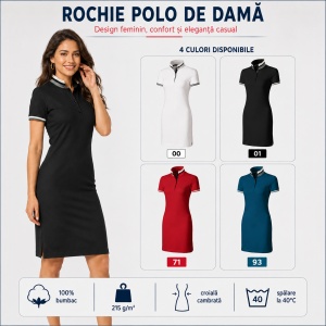 Rochie Polo Damă tip tricou, Malfini Premium 271 Dress Up, 100% Bumbac, Croială Cambrată, 215 g/m², Mărimi XS 2XL, 4 Culori - Img 5