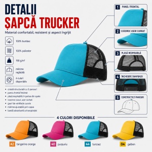Șapcă Trucker pentru Bărbați, Reglabilă, cu Plasă – 100% Bumbac, unisex, 5 Panouri, Cozoroc Curbat - Img 5