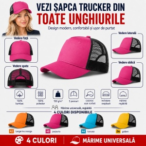 Șapcă Trucker Unisex, Damă, Reglabilă, cu Plasă – 100% Bumbac, 5 Panouri, Cozoroc Curbat - Img 5