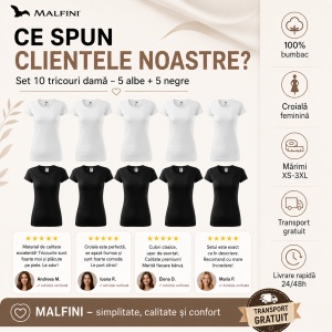 Set 10 Tricouri Damă Basic, 5 Albe + 5 Negre, 100% Bumbac, La Baza Gâtului – Malfini - Img 5