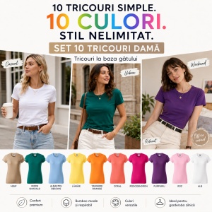 Set 10 tricouri simple dama din bumbac 100%, basic casual cu maneca scurta pentru femei 134 - Img 3