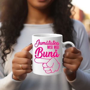 Set 2 cani albe personalizate pentru cupluri Jumatatea mea mai buna ! - Img 2
