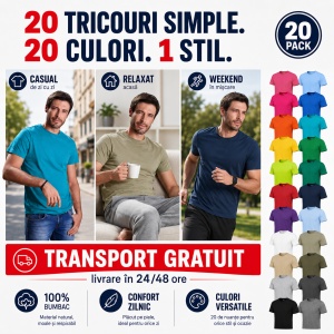 Set 20 Tricouri Bărbați 100% Bumbac, Multicolor, Croială Regular Fit, Mărimi S - 3XL, Transport Gratuit - Img 9