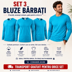 Set 3 Bluze Bărbați 100% Bumbac, Mâneci Lungi, Slim Fit, 160 g/m², Aceeași Culoare, 14 Culori Disponibile, Mărimi S–3XL - Img 4