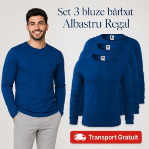 Set 3 Bluze Bărbați 100% Bumbac, Mâneci Lungi, Slim Fit, 160 g/m², Aceeași Culoare, 14 Culori Disponibile, Mărimi S–3XL - Img 14