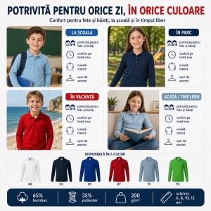 Set 3 Bluze Polo Copii Malfini cu Mânecă Lungă, 65% Bumbac, Unisex Fete și Băieți, 6–12 Ani, 6 Culori - Img 7
