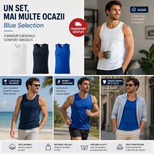 Set 3 Maiouri Bărbat Blue Selection, Alb, Albastru Marin și Albastru Regal, 100% Bumbac, Maieu Sport, Tricou Fără Mâneci, Mărimi S–2XL - Img 4
