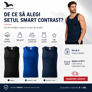 Set 3 Maiouri Bărbat Smart Contrast, Negru, Albastru Regal și Albastru Marin, 100% Bumbac, Maieu Sport și Casual, Tricou Fără Mâneci, Mărimi S–2XL - Img 2
