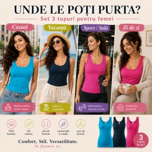 Set 3 Maiouri Damă Tip Top din Bumbac cu Elastan – Tricouri Fără Mâneci, Turcoaz, Albastru Marin și Purpuriu | XS-2XL - Img 4