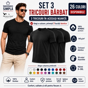 Set 3 Tricouri Bărbat în Aceeași Nuanță, 100% Bumbac, 145 g/m², Guler Rotund, 26 Culori, Mărimi S–3XL - Img 6