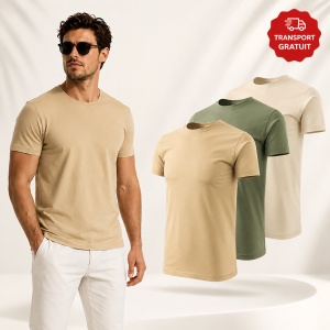 Set 3 Tricouri Bărbați 100% Bumbac – Culori Naturale, Nisip, Khaki, Migdală
