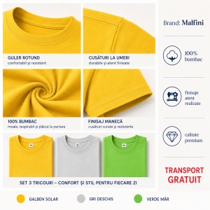 Set 3 Tricouri Bărbați 100% Bumbac Regular Clasic – Galben, Gri Deschis și Verde Mar | S-3XL - Img 6
