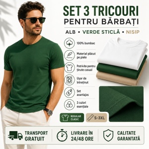 Set 3 Tricouri Bărbați 100% Bumbac Regular Clasic – Nisip, Verde Sticlă și Alb | S-3XL - Img 8