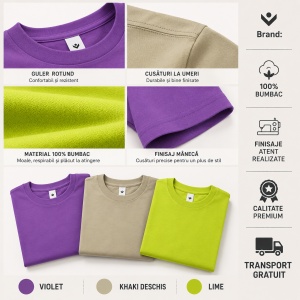 Set 3 Tricouri Bărbați 100% Bumbac Regular Clasic – Violet, Khaki Deschis și Lime | S-3XL - Img 2
