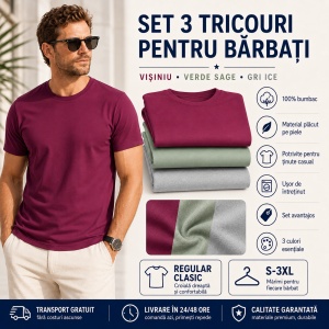 Set 3 Tricouri Bărbați 100% Bumbac Regular Clasic – Vișiniu, Verde Sage și Gri Ice | S-3XL - Img 6