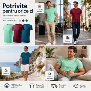 Set 3 Tricouri Bărbați 100% Bumbac Regular Fit – Albastru Petrol, Vișiniu, Verde Mentă | S-3XL - Img 7