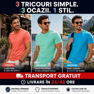 Set 3 Tricouri Bărbați 100% Bumbac Regular Fit – Coral, Verde Mentă, Turcoaz | S-3XL - Img 7