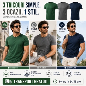 Set 3 Tricouri Bărbați 100% Bumbac Regular Fit – Gri Ardezie, Albastru Marin, Verde - Img 5
