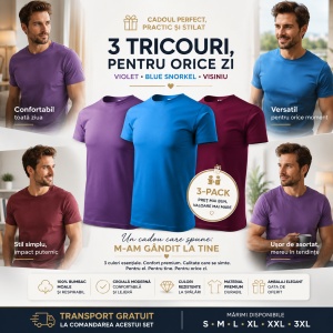 Set 3 Tricouri Bărbați 100% Bumbac Regular Fit – Violet, Blue Snorkel, Vișiniu - Img 7