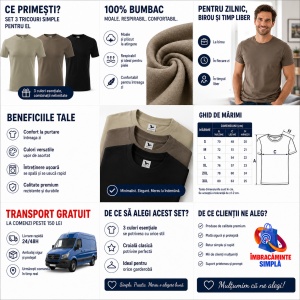 Set 3 Tricouri Bărbați Bumbac 100%, Regular Fit Casual, Army, Kaki Deschis, Negru, S - 3XL, Transport Gratuit 132 - Img 3