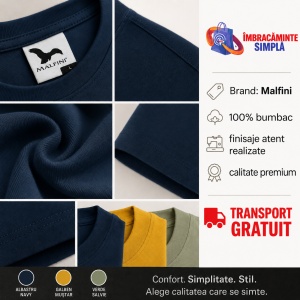 Set 3 Tricouri Bărbați din bumbac 100%, Malfini Elegant Casual – Galben, Kaki, Bleumarin - Img 6