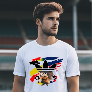 Un bărbat purtând un tricou alb cu design adidas, înfățișându-l pe Scrat din Epoca de Gheață pe un fundal de linii colorate, pozând într-un stadion.