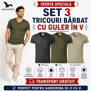 Set 3 Tricouri Bărbați Malfini 146 cu Guler în V, Premium, 100% Bumbac, Slim Fit, Ebony Gray, Army și Kaki Deschis, Mărimi S–3XL - Img 8