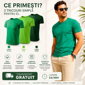Set 3 tricouri bumbac 100% calitate simplu clasic pentru barbati, trei nuante de verde - Img 5