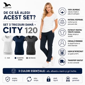 Set 3 tricouri bumbac 100%, cu banda aplicata jos elegant casual pentru femei 120 - Alb Gri Albastru Marin - Img 2