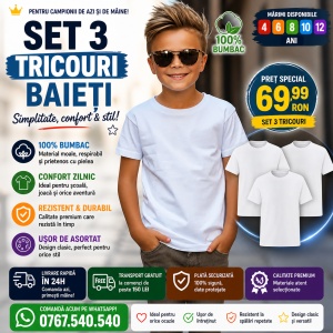 Set 3 tricouri copii Baieti Alb Bumbac 100%