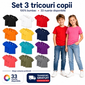 Set 3 tricouri copii din bumbac 100% – 33 nuanțe disponibile, fete și băieți Transport Gratuit