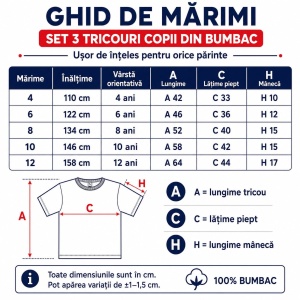 Set 3 Tricouri Copii din Bumbac 100% – Mânecă Scurtă, 35 Culori, Fete și Băieți - Img 4