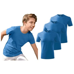 Tricou Copil baiat imbracat cu tricou albastru azuriu prezinta setul de 3 tricouri albastre azurii