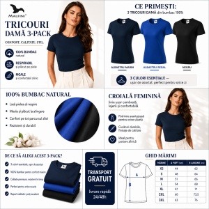 Set 3 Tricouri Damă 100% Bumbac – Casual Clasic, Albastru Marin, Albastru Regal și Negru | Transport Gratuit - Img 4