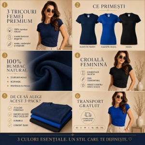 Set 3 Tricouri Damă 100% Bumbac – Casual Clasic, Albastru Marin, Albastru Regal și Negru | Transport Gratuit - Img 5