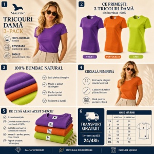 Set 3 Tricouri Damă 100% Bumbac – Casual Clasic, Violet, Portocaliu și Lime | Transport Gratuit - Img 5