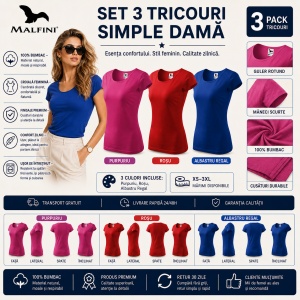 Set 3 Tricouri Damă 100% Bumbac – Elegant Casual cu Decolteu, Roșu, Purpuriu și Albastru Regal | Model 122 - Img 2