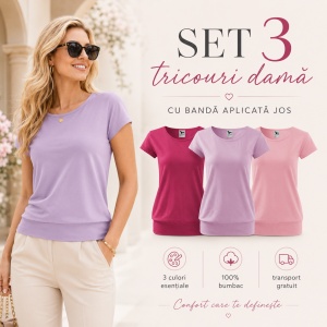 Set 3 Tricouri Damă cu Bandă Jos, 100% Bumbac – Purpuriu, Orchid și Roz
