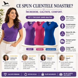 Set 3 tricouri dama guler in V decolteu simplu culori violet, roz albastru v-neck 128 - Img 6