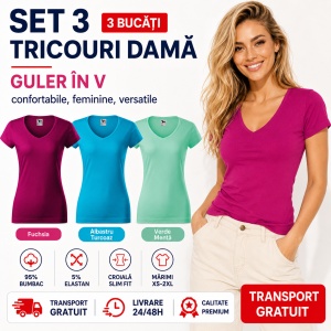 Set 3 Tricouri Damă Malfini 162 Fit V-Neck, Guler în V, 95% Bumbac, Slim Fit, Fucsia, Albastru Turcoaz, Verde Mentă, XS–2XL - Img 6