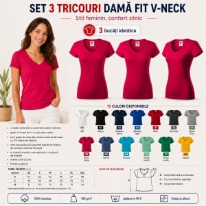 Set 3 Tricouri Damă Malfini Fit V-Neck 162 – 100% Bumbac, Croială Cambrată, Guler în V, 13 Culori - Img 5