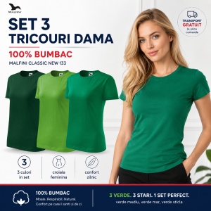 Set 3 tricouri dama simple bumbac 100%, casual clasic pentru femei verde mediu, verde mar, verde sticla 133 - Img 2