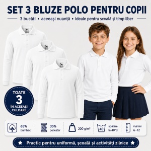 Set 3 Tricouri Polo Copii cu Mânecă Lungă – Bluze pentru Școală, Uniformă, Joacă și Timp Liber, Băieți și Fete - Img 6