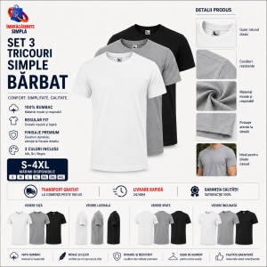 Set 3 tricouri simple, bumbac 100% Calitate clasic pentru barbati, alb, negru, gri 132 - Img 8