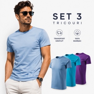 Set 3 tricouri simple clasice barbati, albastru deschis, trucuaz, violet - Img 5