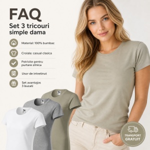Set 3 tricouri simple dama bumbac clasic casual pentru femei, alb, gri inchis, kaki deschis 134 - Img 6